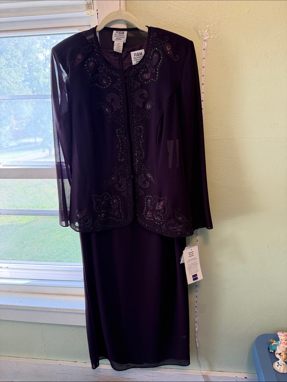 R&M Richards Beaded Dark Purple Midi Skirt Suit